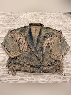 Vintage 80s Rock Creek Acid Washed Leather Fringe Denim Jacket Women’s 22W Rare